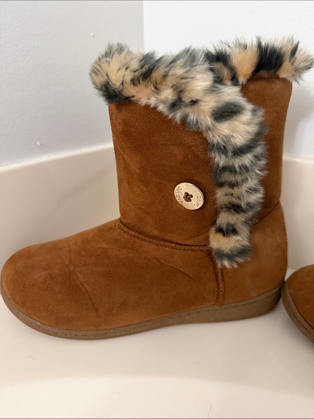 Vionic Chestnut Suede Boots with Animal-Print Fur Cuff